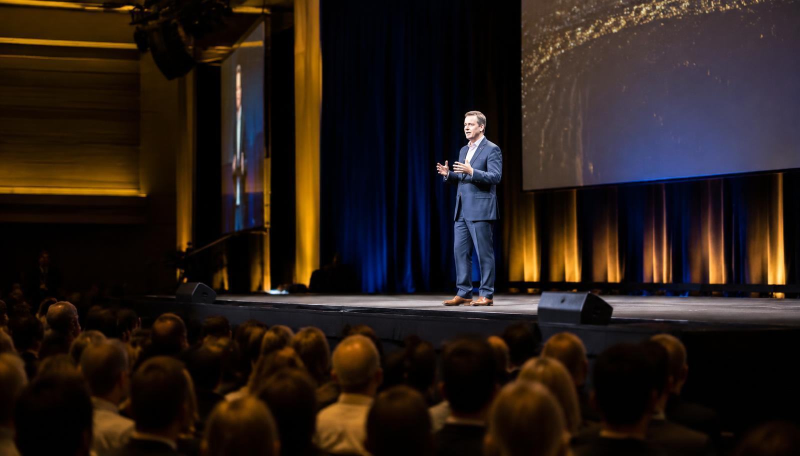 Keynote speaker on a conference stage